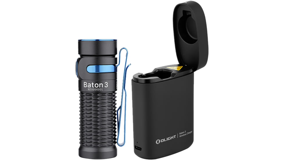 Olight Baton 3 Premium Edition w/ Wireless Charging Case LED Flashlight, Cool White, 1200 Lumens, Black, FL-OL-BATON3-KIT-BK