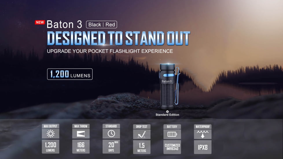Olight Baton 3 Rechargeable EDC LED Flashlight, Cool White, 1200 Lumens, Black, FL-OL-BATON3-BK