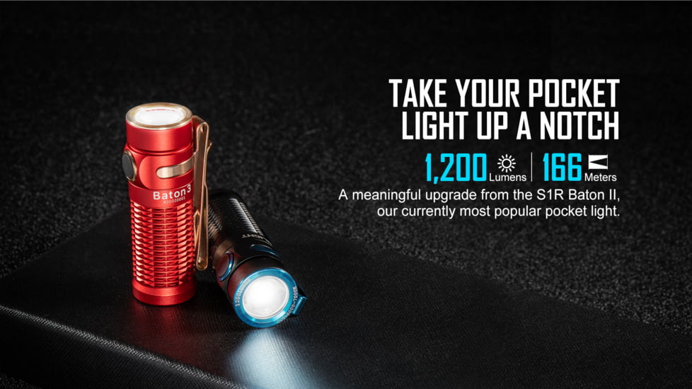 Olight Baton 3 Rechargeable EDC LED Flashlight, Cool White, 1200 Lumens, Black, FL-OL-BATON3-BK