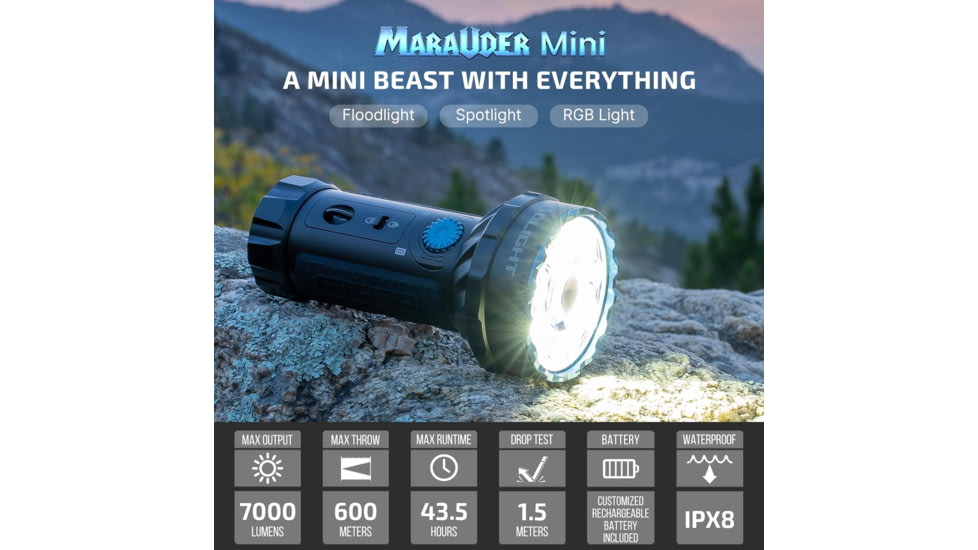 Olight Marauder Mini, Rechargeable Hand, held Flashlight, RGB Light, 7,000 Lumens, Black, MARAUDERMINI