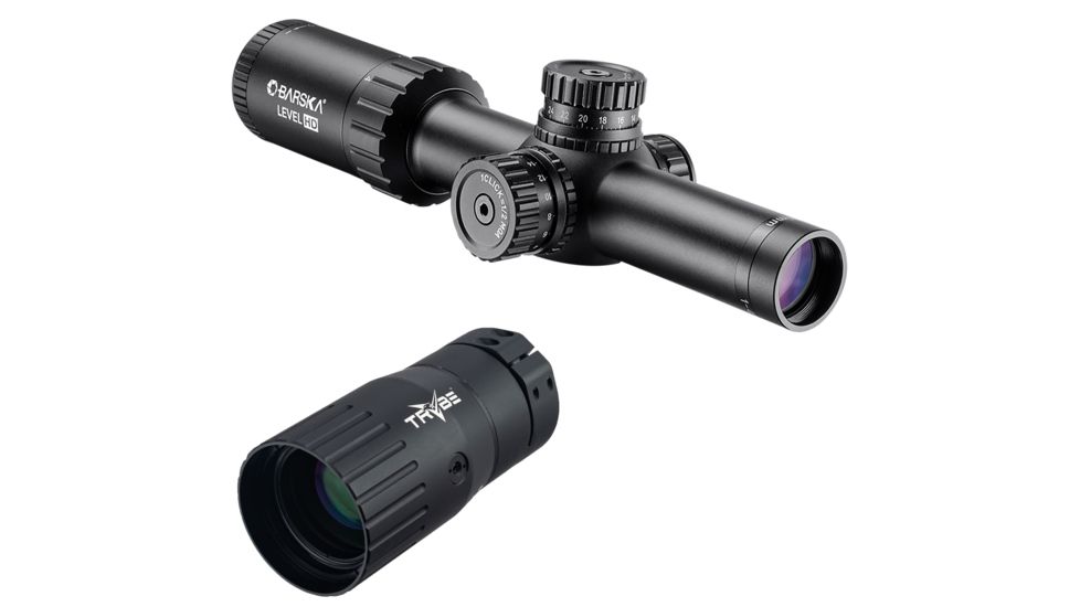 Barska 1-4x24mm Level HD Rifle Scope, Illuminated HRS .223 BDC Reticle, Black, Medium AC12798 w/ Trybe Optics Enhancer - Magnification Doubler
