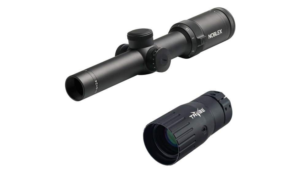 OP Exclusive - Noblex-Docter Optics Vector Rifle Scope, 1-6x24mm, 30mm Tube, Second Focal Plane, 1/4 MOA, MilDot Reticle, Black, 56438 w/ Trybe Optics Enhancer - Magnification Doubler