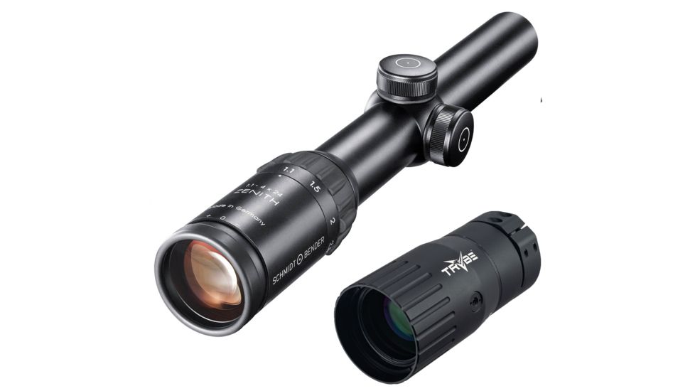 OP Exclusive - Schmidt Bender 1.1-4X24 Zenith SFP Rifle Scope, FD7 Reticle, Black, 776-811-708 w/ Trybe Optics Enhancer - Magnification Doubler