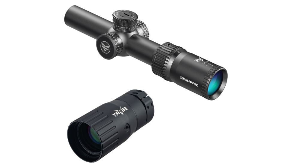 Swampfox Tomahawk LVPO Rifle Scope, 1-6x24mm, 30mm Tube, Second Focal Plane, Illuminated Guerrilla Cross MOA Reticle, Black, ATK16241-M w/ TRYBE Optics Enhancer - Magnification Doubler