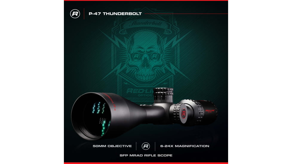 Red-Line Optics P-47 Thunderbolt II 6-24x50mm Rifle Scope,1in Tube, Second Focal Plane, Locking Turrets, Tactical/Hunting Reticle, Black/Red, N4-F6F3-8Z8E