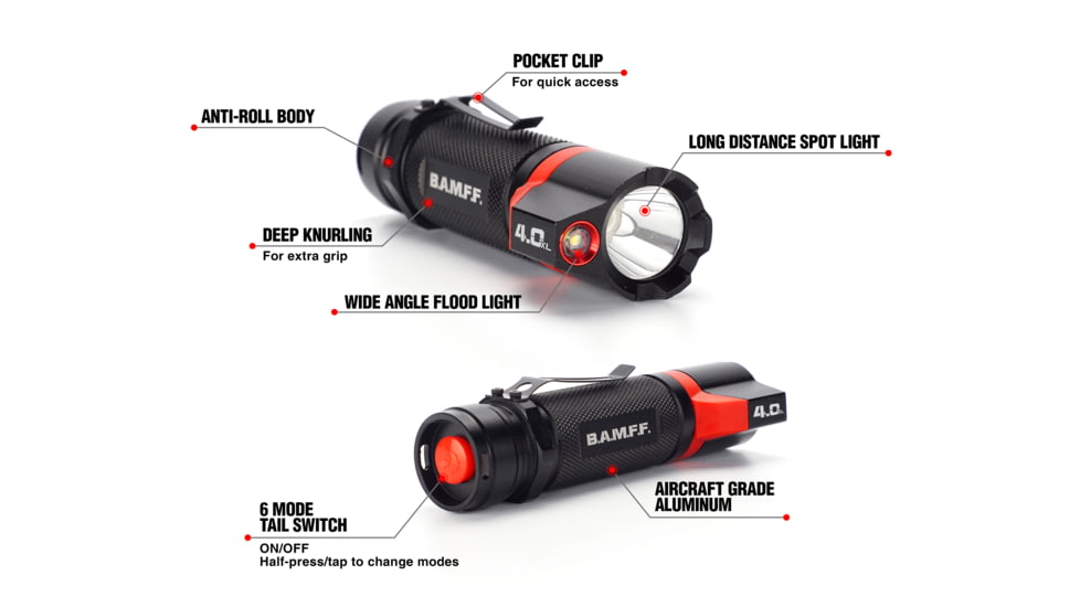 STKR Concepts BAMFF 4.0XL- 400 Lumens Dual LED Flashlight, Black/ Red, 00156