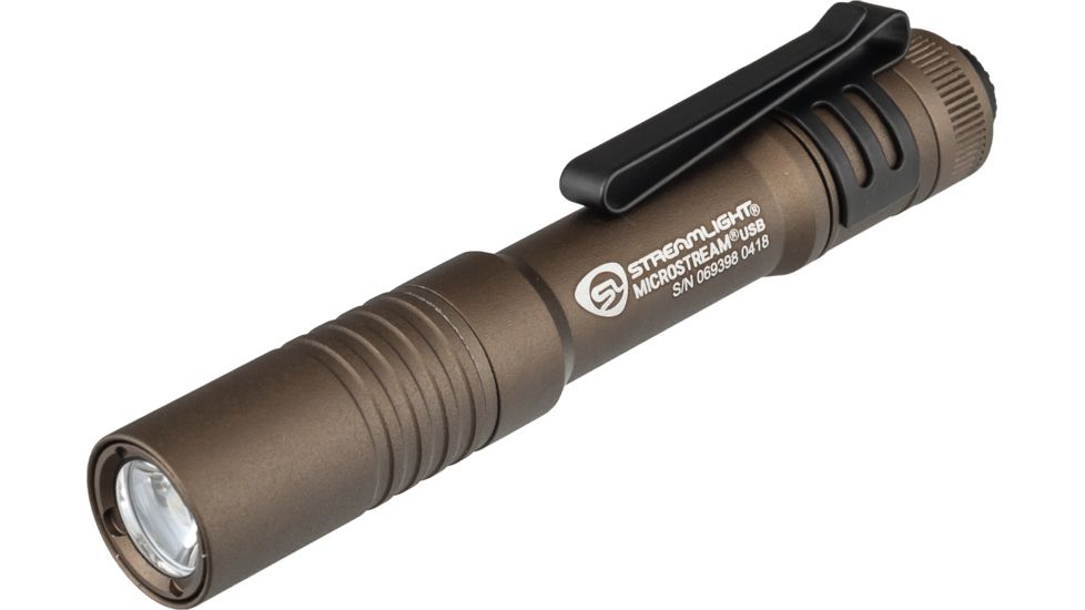 Streamlight MicroStream Ultra-Compact USB Rechargeable Personal Light, 250/50 Lumens w/ 5in USB Cord and Lanyard, Box, Coyote, 66609