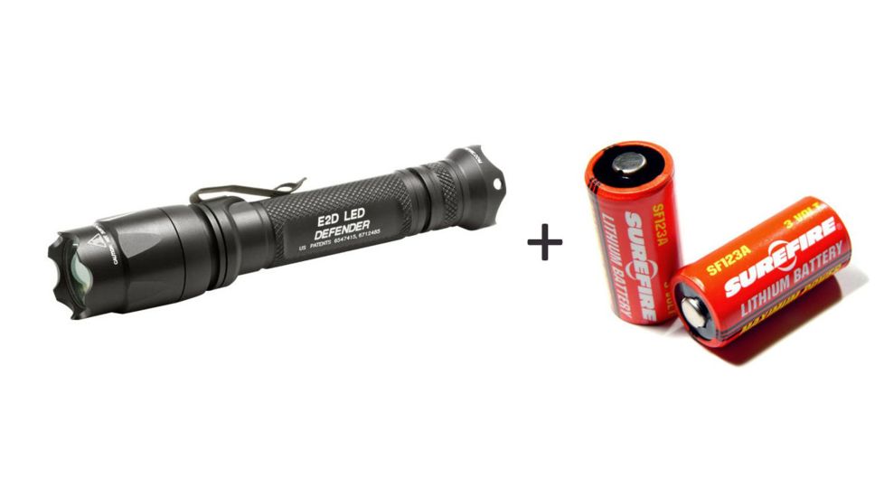 Surefire E2DL LED Defender Tactical Flashlight w/ Surefire SF123A Lithium Battery Box, 2 Batteries, 3 Volt
