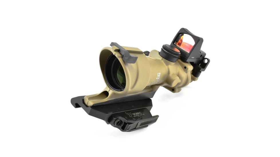 Trijicon 4x32 ACOG ECOS, Center Illuminated Amber Crosshair 5.56 Reticle w/ Backup Iron Sights, Quick Release Mount &amp; LED 3.25 MOA Red Dot RMR Type 2, Cerakote FDE, 100555