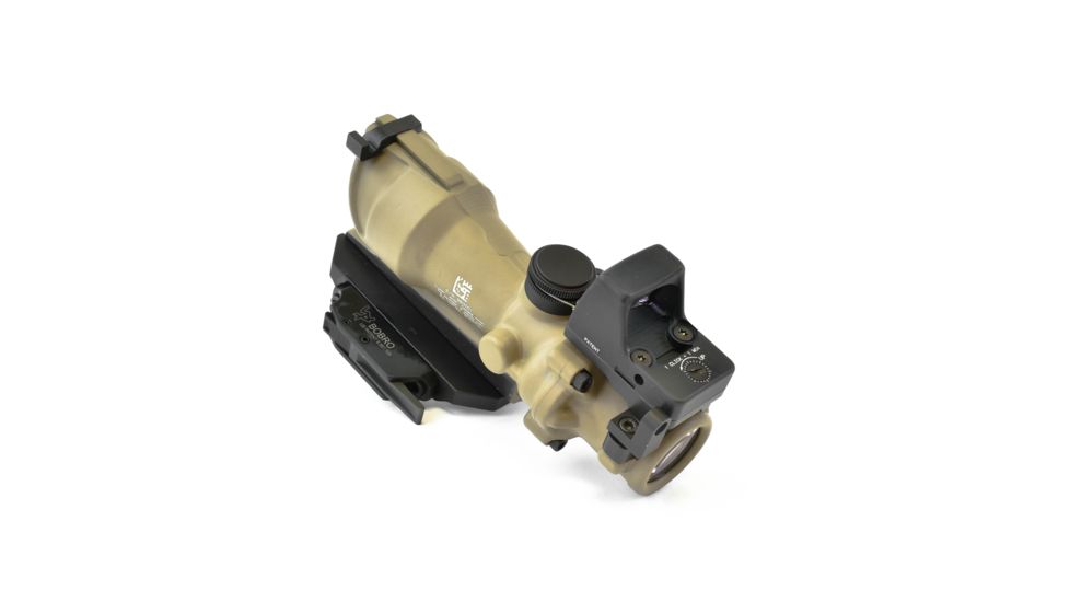 Trijicon 4x32 ACOG ECOS, Center Illuminated Amber Crosshair 5.56 Reticle w/ Backup Iron Sights, Quick Release Mount &amp; LED 3.25 MOA Red Dot RMR Type 2, Cerakote FDE, 100555
