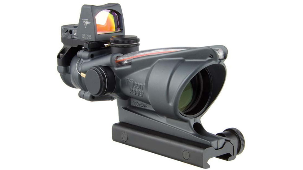 Trijicon 4x32 ACOG Rifle Scope, Dual Illuminated Red Chevron .223 Reticle w/ Colt Knob Thumbscrew Mount &amp; LED 3.25 MOA Red Dot RMR Type 2, Cerakote Gray, 100568