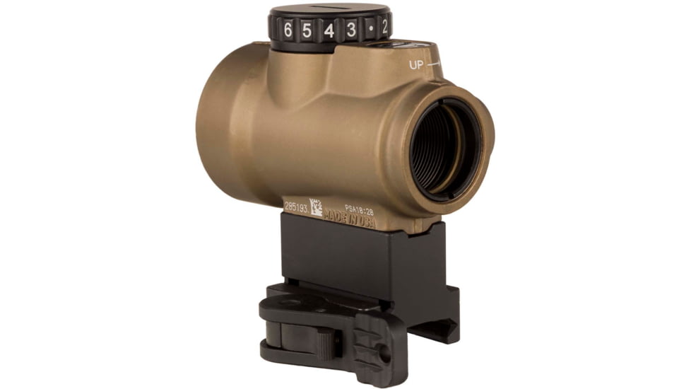 Trijicon OPMOD MRO 1x25mm Red Dot Sight, 2 MOA Green Dot Reticle, w/Lower 1/3 Co-Witness Levered Quick Release Mount AC32084, Angled Glass, Coyote Brown, 2200100