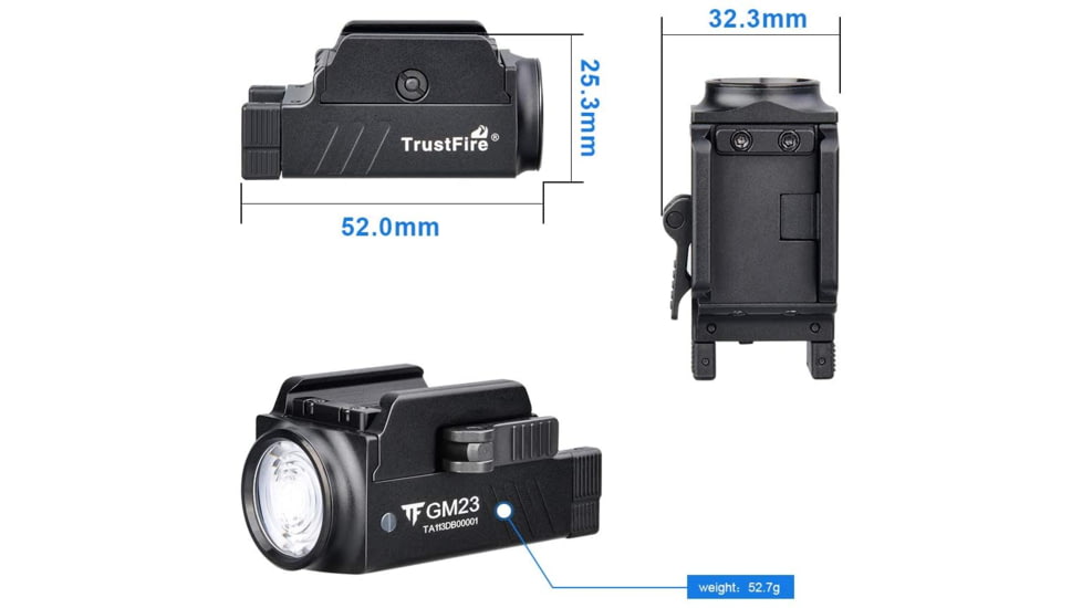 TrustFire GM23 Quick Release Li-Polymer Rechargeable CREE XP-L HI LED Sub-Compact Pistol Light, 800 Lumens, Black, GM23