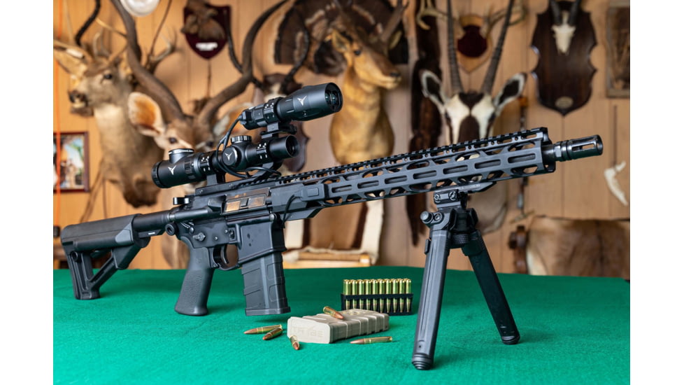 TRYBE Optics 1-8x24mm Smart Rifle Scope, TRYBE Optics Rangefinder, Magpul Bipod, STR MIL-SPEC Carbine Stock, MDT G2 M-LOK Forend Weight