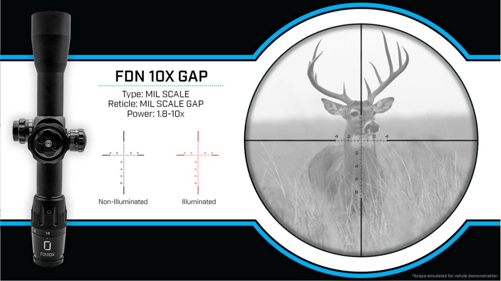U.S. Optics FDN-10X Rifle Scope, 1.8-10x40mm, 34mm Tube, FFP, GAP Reticle, 1/10 MIL Elevation/ Windage Adjustment, Black, Small, FDN 10x GAP