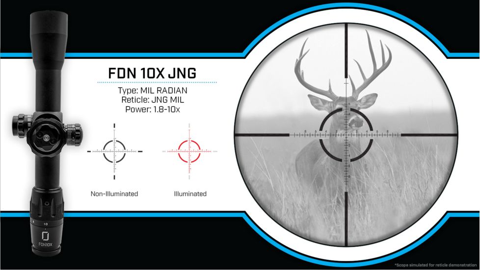 U.S. Optics FDN-10X Rifle Scope, 1.8-10x40mm, 34mm Tube, FFP, JNG MIL Reticle, 1/10 MIL Elevation/ Windage Adjustment, Black, Small, FDN 10X JNG MIL