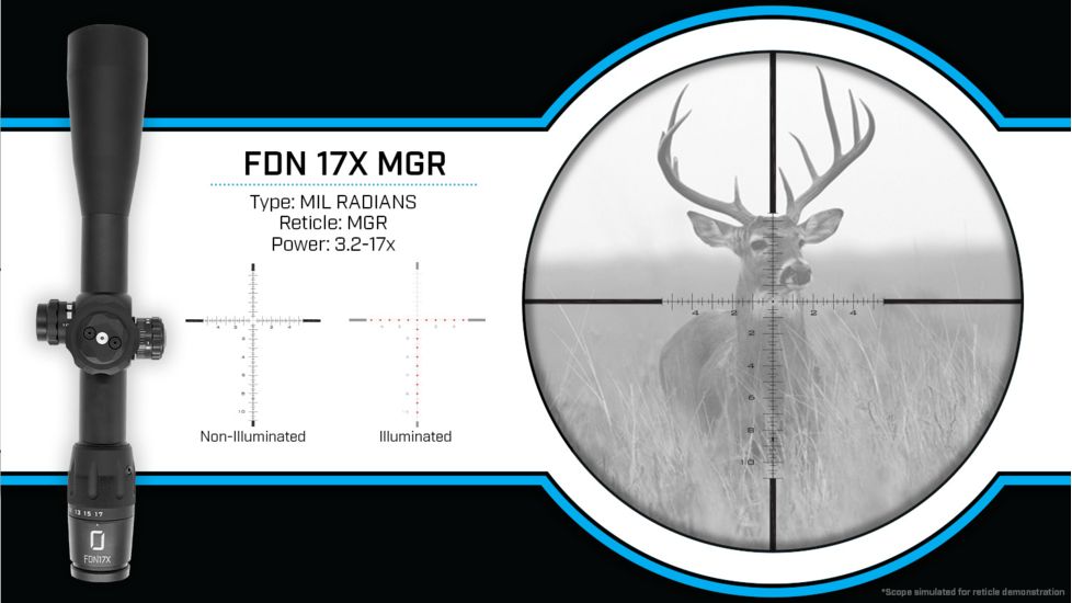 U.S. Optics FDN-17X Rifle Scope, 3.2-17x50mm, 34mm Tube, FFP, MGR Reticle, 1/4 IPHY Elevation/ Windage Adjustment, Black, Medium, FDN 17X MGR