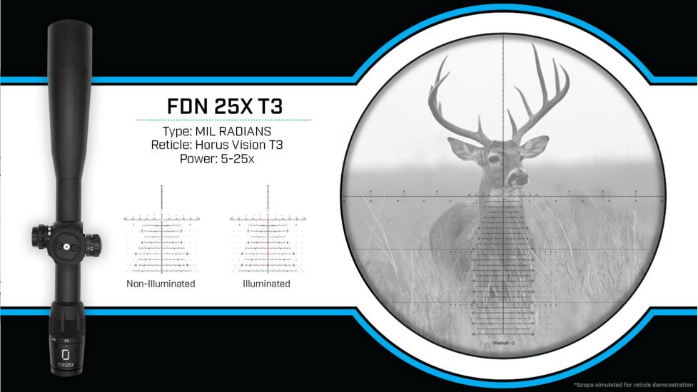 U.S. Optics FDN-25X Rifle Scope, 5-25x52mm, 34mm Tube, FFP, HORUS T-3 Reticle, 1/10 MIL Elevation/ Windage Adjustment, Black, Medium, FDN 25X T-3