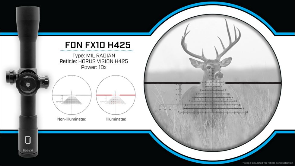 U.S. Optics FDNFX-10 Rifle Scope, 10x40mm, 34mm Tube, FFP, HORUS H425 Reticle, 1/10 MIL Elevation/ Windage Adjustment, Black, Small, FDN FX10 H425
