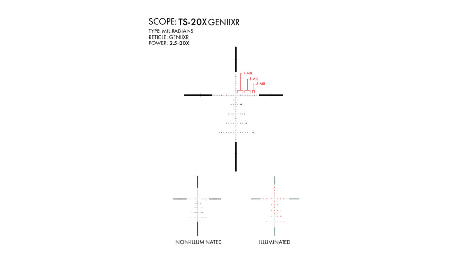 U.S. Optics TS-20X Rifle Scope, 2.5-20x50mm, 34mm Tube, Digital Red FFP GENIIXR Reticle, Elevation and Windage 1/10 MIL Adjustments, Matte, Black, TS-20X GENIIXR
