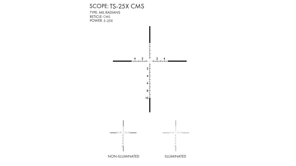 U.S. Optics TS-25X Rifle Scope, 5-25x50mm, 30mm Tube, FFP, CMS Reticle, 1/10 MIL Elevation/ Windage Adjustment, Black, TS-25X CMS