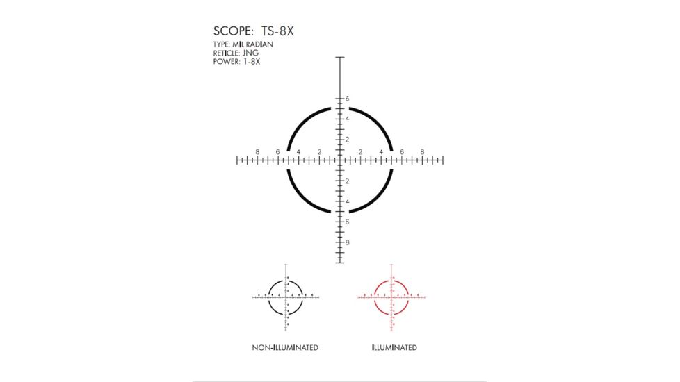 U.S. Optics TS-8X Rifle Scope, 1-8x24mm, 30mm Tube, First Focal Plane, Digital Red Illuminated JNG MIL Reticle, Matte Black, TS-8X JNG MIL