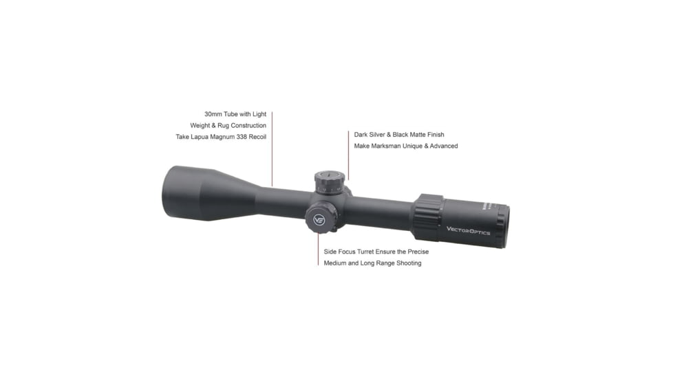 Vector Optics Marksman Rifle Scope, 6-26x50mm, First Focal Plane, 30mm Tube, VPA-MF Non-Illuminated Reticle, 6061-T6, Matte/ Dark Silver Finish, Black, SCFF-26