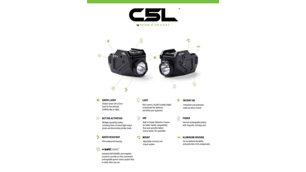 Viridian Weapon Technologies C5L Custom 580 Lumen LED Green Laser Tactical Light w/ INSTANT-ON &amp; SafeCharge Power Bank, Lithium Ion, Black, 930-0058