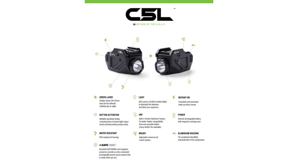 Viridian Weapon Technologies C5L Universal Green Laser and 650 Lumen Tactical Light w/ Rechargeable Battery, INSTANT-ON and SafeCharge Power Bank, FDE, 930-0055