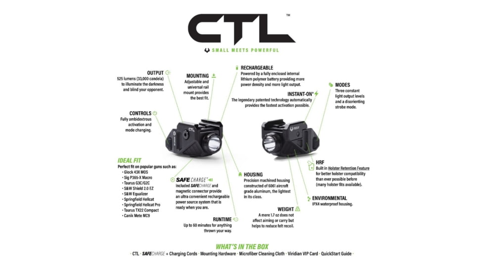 Viridian Weapon Technologies CTL Custom 580 Lumen LED Tactical Light w/ INSTANT-ON & SafeCharge Power Bank, Lithium Ion, Black, 930-0043