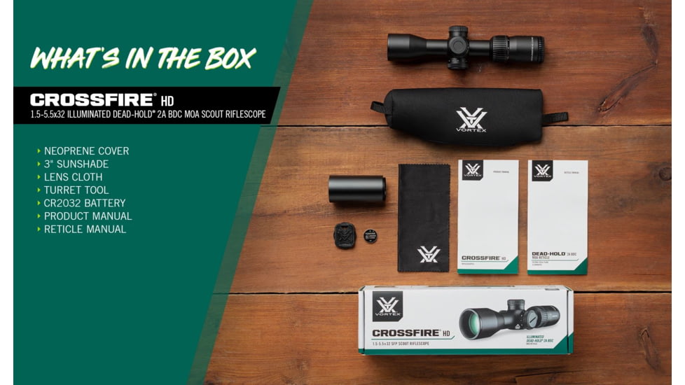 Vortex Crossfire HD 1.5-5.5x32 mm 1 in Tube Riflescope, Second Focal Plane, Illuminated Dead-Hold 2A BDC MOA Scout, Black, 8.7, 11.6oz, CFR-1501I