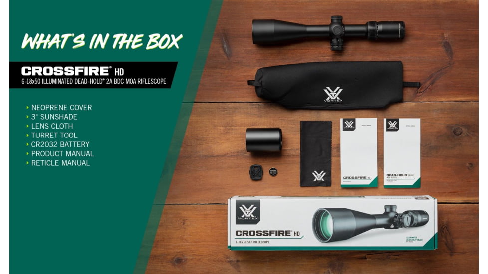 Vortex Crossfire HD 6-18x50 mm 1 in Tube Rifle Scope, Second Focal Plane, Illuminated Dead-Hold 2A BDC MOA, Black, 13.9, 23.2oz, CFR-61801I