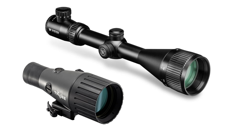 Vortex Crossfire II Hog Hunter 3-12x56mm Rifle Scope, 30mm Tube, Second Focal Plane, Red V-Brite Reticle and TRYBE Optics Enhancer Rifle Scope Magnification Quadrupler