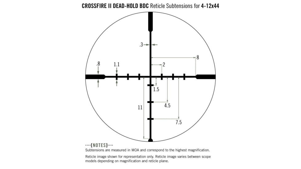 Vortex Crossfire II Rifle Scope, 4-12x44mm, 1in Tube, Second Focal Plane, Non-Illuminated Dead-Hold BDC Reticle, Black Hard Anodized, CF2-31015