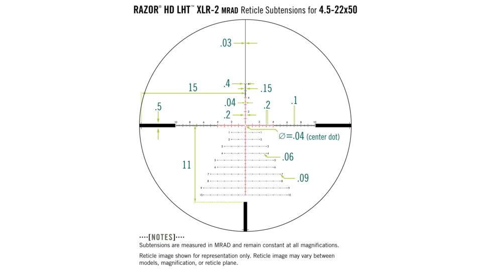 Vortex Razor HD LHT 4.5-22x50 mm Rifle Scope, 30 mm Tube, First Focal Plane, Black, Anodized, Red XLR-2 MRAD Reticle, Mil Rad Adjustment, RZR-42202