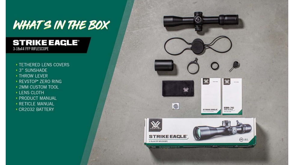 Vortex Strike Eagle 3-18x44mm Riflescopes, 34mm Tube, First Focal Plane, EBR-7C MOA, Black, SE-31801
