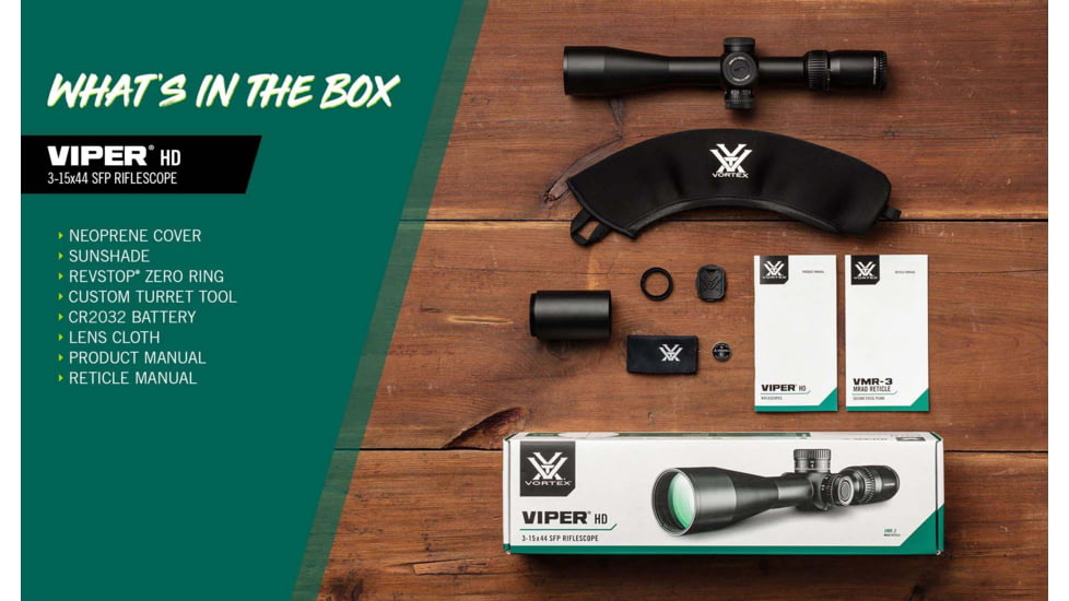 Vortex Viper HD 3-15x44 Rifle Scope, 30mm Tube, Second Focal Plane, VMR-3 MRAD Reticle, Black, VPR-31503