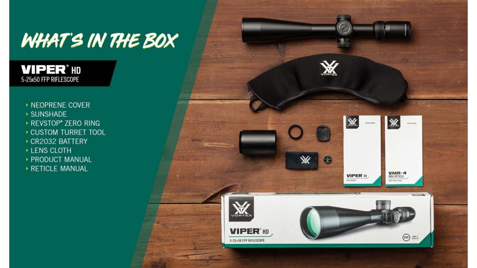 Vortex Viper HD 5-25x50 Rifle Scope, 30mm Tube, First Focal Plane, VMR-4 MOA Reticle, Black, VPR-52501