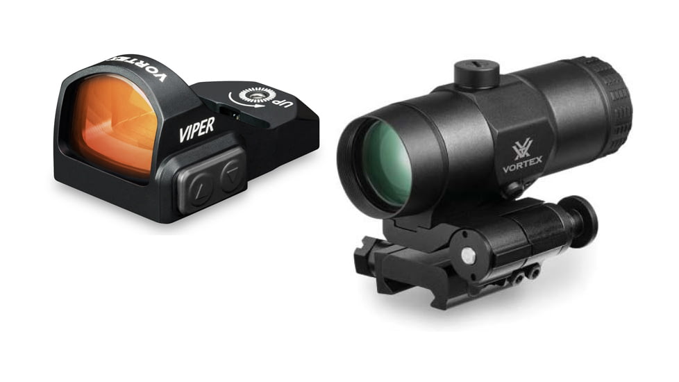 Vortex Viper 1x24mm 6 MOA Red Dot Sight, CR2032 Battery, w/ 3x Magnifier and Flip Mount, Black