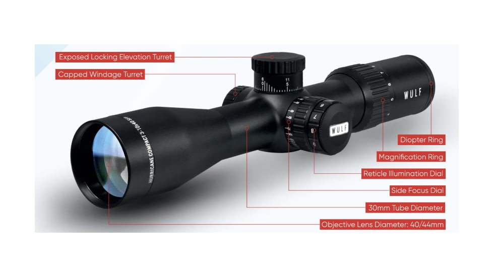 Wulf Optics Hurricane Compact 4-14x44mm 30mm Tube Rifle Scope, Second Focal Plane, W-MIL1 Illuminated Reticle, Black, WU9115