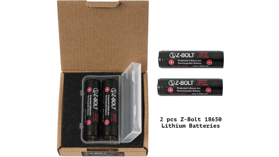 Z-Bolt Rechargeable 18650 Batteries &amp; 2x Slot Chargers for High Discharge Flashlights, Weapon Lights, &amp; Illuminators, BATTS-2x-18650-CHRG